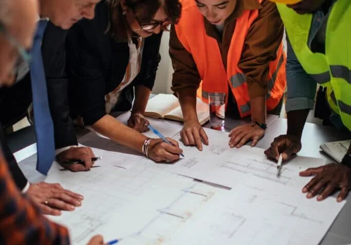 Group of colleagues discussing construction work plans in their office