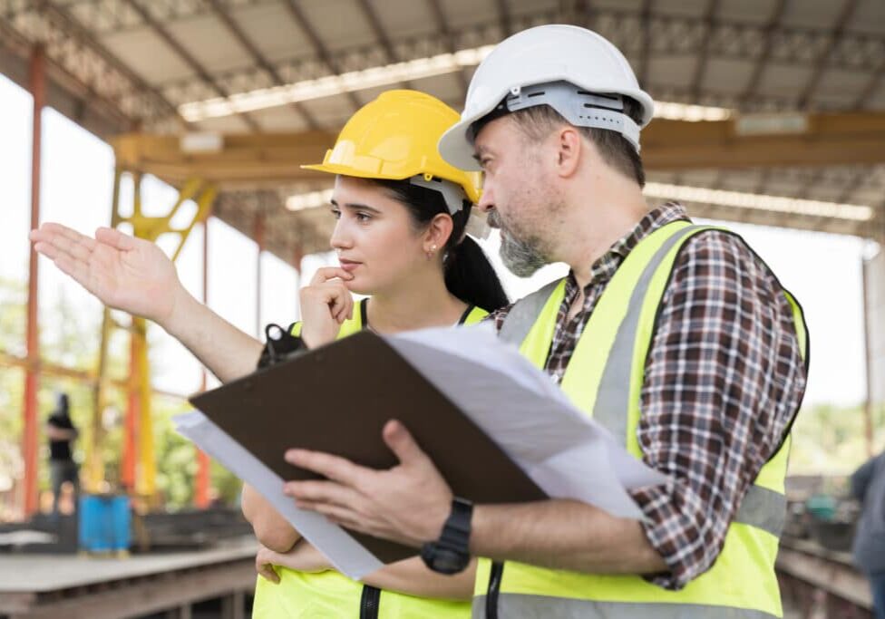 Team of male and female engineer construction working and inspecting structure of building at construction site. Two construction builder working at construction site