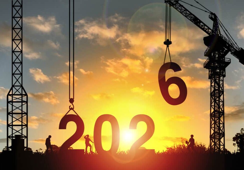 Construction camp site with cranes building construction prepare to welcome the new year 2026