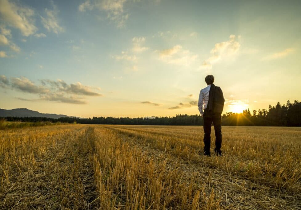 Businessman in elegant suit with his jacket hanging over his shoulder standing in mown wheat field looking into the distance under a majestic evening sky with a setting sun.