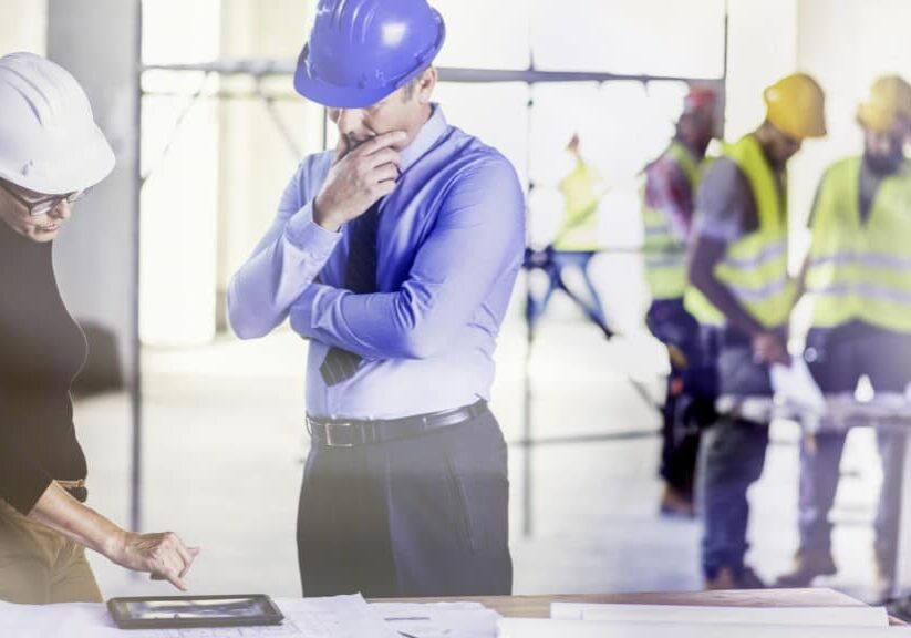 Focus on a female architect with work helmet and worried chief constructor standing by the desk full of blueprints and laptop, blurred construction workers in background.